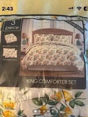 Lemon Floral King Reversible 3 Piece Comforter  Set - White & Yellow